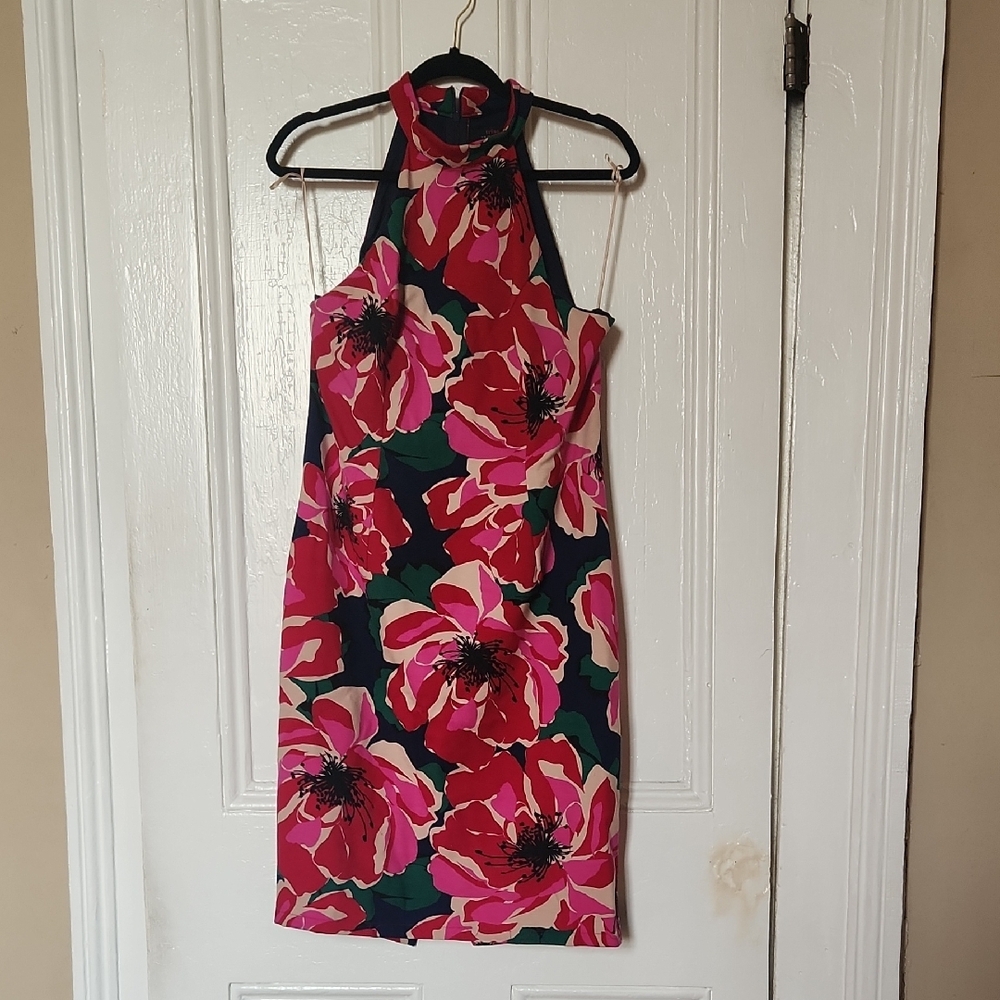 Trina Turk Red and Pink Sheath Dress Halter Neck Cocktail